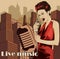 Vintage poster with cityscape , retro woman singer and moon. Red dress on woman. Retro microphone. Jazz, soul and blues live music