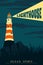 Vintage Poster Lighthouse tower, beacon on night seashore ocean