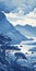 Vintage Poster Style Blue Fjord Coastline Painting With Trees And Mountains
