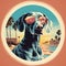 Vintage Poster Style Illustration Of Weimaraner Dog At Pacific Beach