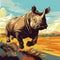 Vintage Poster Style Rhino Running Through Field