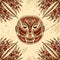 Vintage poster with Tribal mask on the grunge background over ornate pattern.