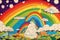 a vintage poster of a trippy rainbow, with clouds and stars in the background