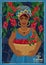 Vintage poster with woman coffee farmer picking red coffee beans on coffee tree