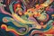 vintage psychedelic poster of colorful swirling shapes and lines