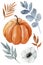 Vintage pumpkin, flowers and leaves set. Fall botanical clipart. Watercolor hand-painted illustration.