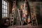 vintage quilts displayed on rustic wooden ladder