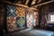 vintage quilts displayed on a rustic wooden wall