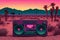 Vintage radio boombox in the desert, retrowave, synthwave. Neural network AI generated