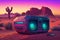 Vintage radio boombox in the desert, retrowave, synthwave. Neural network AI generated