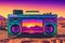 Vintage radio boombox in the desert, retrowave, synthwave. Neural network AI generated