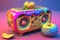 vintage radio boombox and fruits, colorful style. Neural network AI generated