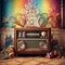 Vintage radio in colorful retro swirls