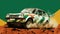 Vintage rally car splashing the dirt in retro 70s styled scene