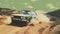 Vintage rally car splashing the dirt in retro 70s styled scene. Generated AI.