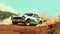 Vintage rally car splashing the dirt in retro 70s styled scene. Generated AI.