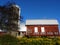 Vintage red barn gambrel roof autumn wildflowers