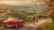 Vintage red car in the Tuscan hills. Tourism and travel concept background.