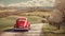 Vintage red car in the Tuscan hills. Tourism and travel concept background.