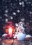 vintage red christmas lantern and snowman in snowfall - christmas card