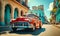 Vintage red classic car cruising on a sunny street in Havana with historical architecture and tropical vibes, capturing the