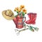 Vintage red garden watering can with a bouquet of yellow flowers, red rubber boots, solar hat from thatch and garden tools.