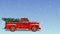 Vintage Red Truck Hauling Christmas Tree with Snow