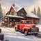 Vintage red truck in a winter farmland scene.
