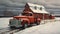 Vintage red truck in a winter farmland scene.