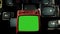 Vintage Red Tv Green Screen With Many 1980S Tvs. Dolly Out Shot. Iron Color Tone.