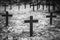 Vintage, retro black and white photo of old graves and crosses in a cemetery. Grainy, noisy, artistic monochrome image. Halloween