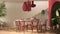 Vintage retro dining room with wooden table and chairs in red tones, breakfast buffet, rattan pendant lamps, parquet floor,