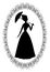 Vintage retro drawing with silhouette of rococo lady with umbrella in fine oval lace frame. Decoration for ball invitation