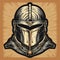 Vintage Retro-futuristic Knight Helmet Hand Drawn Woodcut Art