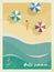 Vintage retro grunge edges summer holiday or party poster or postcard template with sunny sandy beach, woman in