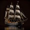 Vintage retro model of a pirate sailboat ship close-up isolated on black