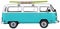 Vintage, Retro, Old-fashioned German Hippie mini camper bus van VW T2 isolated on white transparent PNG side blue green