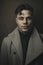 Vintage and retro portrait of illuminated man in grey coat with brown background. Young guy with old hairstyle. Fashion portrait