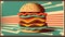 Vintage retro poster from 50s, 60s. Fast food, burger, cheeseburger delivery. Grunge poster