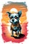 A vintage retro sunset with a cute dog in cartoon style, vector t-shirt design, white background