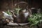 Vintage retro teapot, bunch of fresh rosemary herbs, cup of healthy herbal tea and mortar.