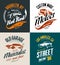 Vintage roadster, custom hot rod and muscle car vector tee-shirt logo isolated set.