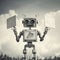 Vintage Robot Holding Blank Sign: Photorealistic Black And White Concept
