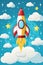 Vintage rocket in space, cosmonautics day concept, retro flat design illustration