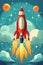 Vintage rocket in space, flat design for cosmonautics day celebration and space exploration concept