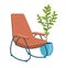 Vintage rocking chair with decorative plant. Stylish orange armchair for home decor