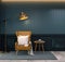 Vintage room,brown leather wing chair with wood table and gold floor lamp , 3d render