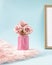 Vintage rustic concept of pastel pink jar full of fresh Spring roses on a shaggy carpet. Creative gift for every woman. Pastel