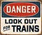 Vintage Rusty Danger look Out For Trains Metal Sign.