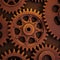 Vintage rusty gears, square steampunk industrial background. Dark gold cooper brass cog wheels. Generative AI image